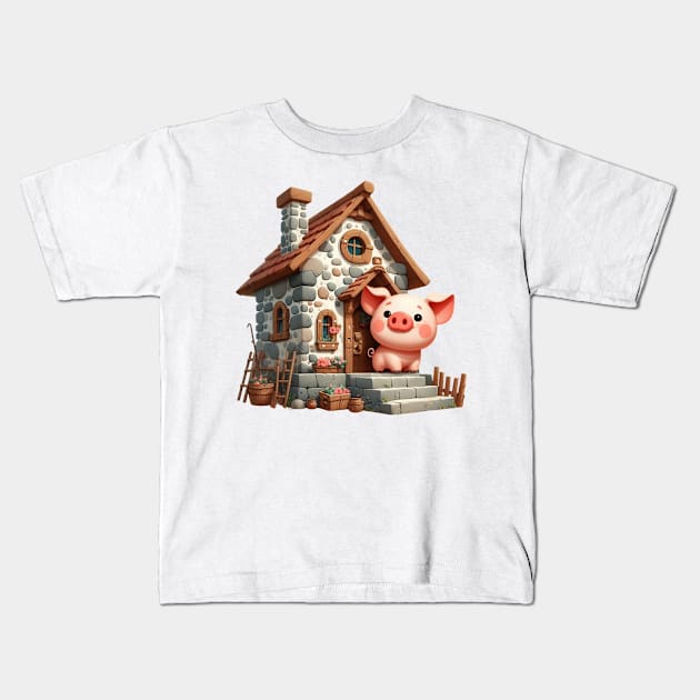 Cute Little Piggy in a house made of stone Kids T-Shirt by Dmytro